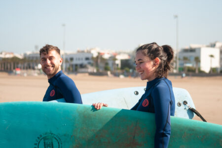 Happy surfer students in surf lesson with Loving Surf School Essaouira