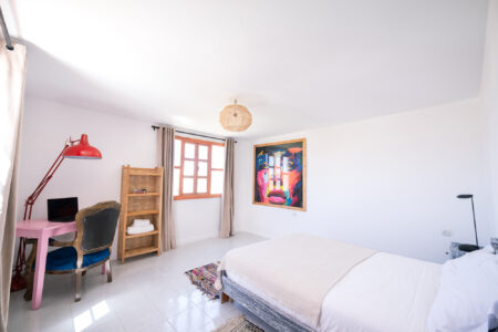 LOVING SURF SALTY BOUTIQUE HOTEL ESSAOUIRA MOROCCO-6314 Bright and sunny double private room in Salty hotel beside the beach with digital nomad or remote worker desk and laptop
