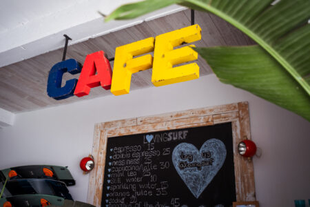 Loving surf Surf shop in Essaouira Morocco with sign and cafe