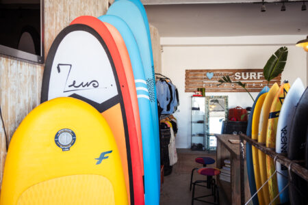 Loving surf Surf shop in Essaouira Morocco with sign and surfboards lined up