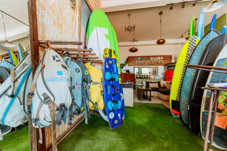 kites and surfboards inside surf, wing and kite school in essaouira Morocco Loving Surf