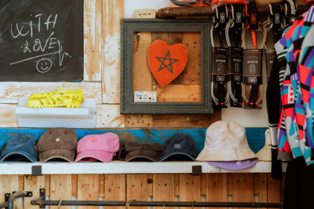 surf hates and leases and wetsuit in surf shop Loving Surf Essaouira Morocco.